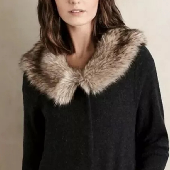 MOTH for Anthropologie heathered slate Wool sweater jacket cardigan fur collar - Picture 6 of 12